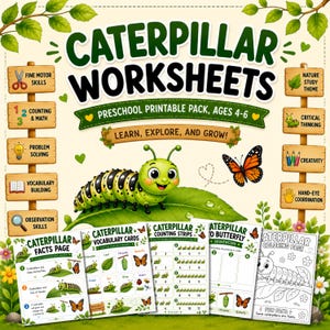 Puede incluir: Un paquete de hojas de trabajo educativas para preescolares, con una oruga verde y una mariposa naranja. El título dice "Caterpillar Worksheets" con secciones para habilidades motoras finas, conteo y vocabulario. Incluye páginas para colorear.