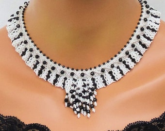 Black & White Jewelry Set - 14 Inch Choker Necklace with Matching Earrings - Special Occasion Jewelry - OOAK Handmade Beadwork