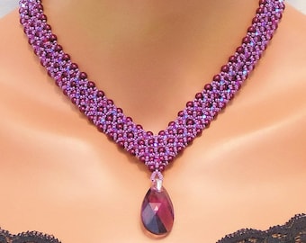 Necklace Earring Set - Burgundy with Amethyst - Special Occasion Jewelry Set - Beadwork Necklace - Dressy - Pearl Beadwork