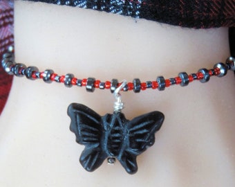 Minimalist Bracelet - Hematite & Onyx - Layering Bracelet - Black Butterfly - BOHO - Tiny Beads - Red Bracelet - 7.5 Inch - Carved Stone