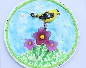 Garden Visit Upcycled Magnet- Recycled One of a Kind Magnet - Goldfinch with Flowers - Earth Day Gift - Gift for Her