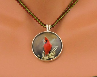 OOAK Cardinal Necklace - Pendant Necklace - Green & Red Necklace - Adjustable Length - Gift for Mom - Snowbird Necklace