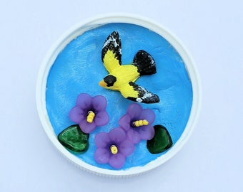 Upcycled Magnet- Recycled One of a Kind Magnet - Goldfinch with Flowers - Earth Day Gift - Gift for Mom