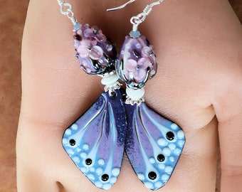 Floral Butterfly Wing Earrings - Artisan Earrings - OOAK 3 Inch Earrings - Enameled Earrings - Lampwork Earrings - Lavender