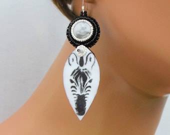 3" Zebra Earrings - OOAK Artisan Earrings - Black & White - Bead Embroidery Earrings - Copper Enamel Earrings - Ehlers Danlos Awareness
