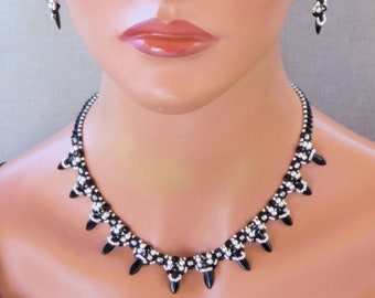 Womens Necklace Earring Set - Dressy Jewelry - Seed Bead Jewelry - Statement Jewelry - Evening Wear Jewelry - Black and Silver