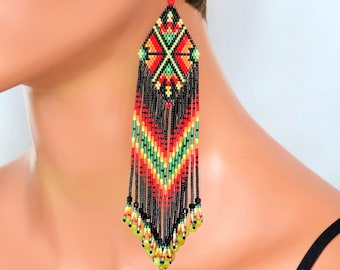 Long Seed Bead Earrings - Colorful Fringe Earrings - Black Spinel and Jade Earrings - Boho Style