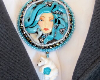 Artisan Brooch - Wolf Goddess - OOAK Bead Embroidered Gift for Her