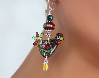 Red Rooster Earrings - Farm Animal Earring - OOAK Copper Enamel Charm Earring - Lampwork Bead Earring