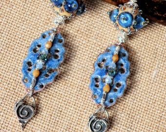 OOAK Artisan Earrings - Enameled Earrings with Hearts - Boho Style Lampwork Earrings - Blue and Beige Earrings