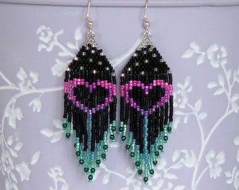 Colorful Heart Earrings - Seed Bead Earrings with Fringe - Ready to Ship Gift for Her