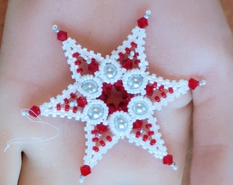 Handmade Star Ornament - Beaded Holiday Ornaments - 6-Pointed Star - Red and White Snowflake - Decoration