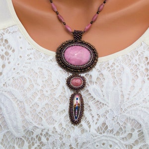 OOAK 18" Rhodonite Necklace - Pink & Bronze - Boho Feather Necklace - Stone Embroidery - Handmade / Ready to Ship