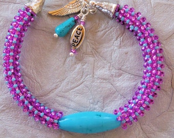 7" Turquoise Bracelet - Beadwork Bracelet - Beaded Bracelet - Peace/Angel Wing Charm Bracelet - Pink Turquoise - Boho Jewelry - Colorful