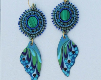 OOAK 3" Butterfly Wing Earrings - Malachite Artisan Earrings - Blue & Green - Copper Enamel with Stone Handmade - Embroidered Earrings