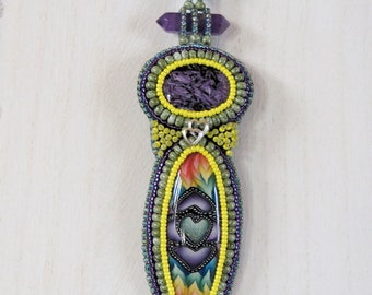Two Hearts Necklace - OOAK Charoite & Amethyst - Embroidered Rainbow Necklace - Purple and Green - Bead Embroidery