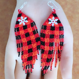 Tartan Plaid Beaded Fringe Earrings: Red & Black Snowflake, Winter Holiday
