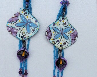 Dragonfly Garden...OOAK Artisan Earrings - Dragonfly Earrings - Calla Lily - Purple Blue White - Drop Style Earring - Made in USA