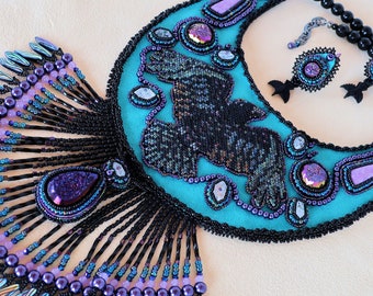 OOAK Raven Jewelry Set - Bead Embroidered Collar Necklace & Earrings - Druzy Bib - Quartz Jewelry - Black Purple Teal - Statement Jewelry