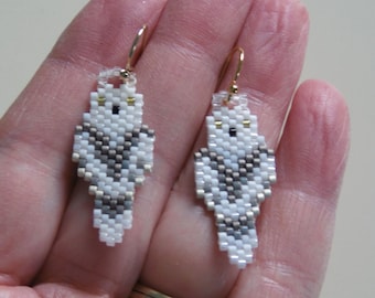 Beaded Owl Earrings - Seed Bead Owl Earrings - Snowy Owl Earrings - White Owl Earrings - Bead Earrings - Bird Earrings