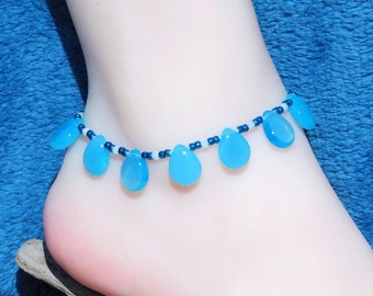 Blue Ankle Bracelet - Teal Anklet - Adjustable Length - Beaded Anklet - Beaded Ankle Bracelet - BOHO Style - Glass Bead Anklet