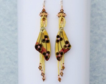 4" Boho Earrings - Butterfly Wing Dangle Earrings - Artsy Earring - Yellow Red Brown Earrings - OOAK Artisan - Copper Enamel Beadwork