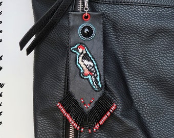 Red Bellied Woodpecker Bag Charm - Bead Embroidered on Leather - Birdwatcher Gift - Beaded Fringe Keychain