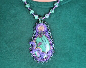 Magical Dragon Jewelry Set - Embroidery Stone Necklace Earring Set - Bead Embroidered - Ruby Zoisite - Purple & Green - OOAK Artisan