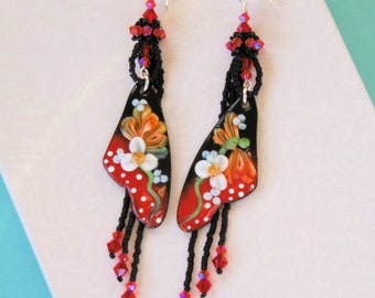 4" Artisan Butterfly Wing Earrings - Flower Earrings - Copper Enamel - Dragonfly - Dangle Earrings - Black & Red Earrings - Long Earrings