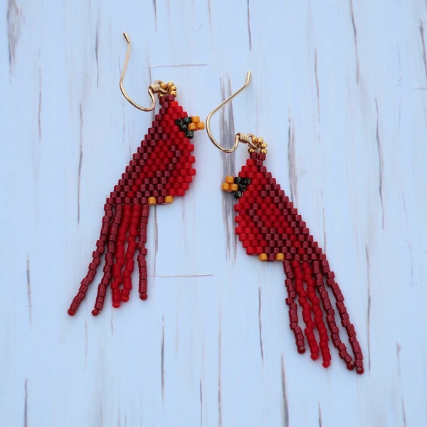 Red Cardinal Earrings - Handmade Songbird Earrings - Seed Bead Cardinal Earrings