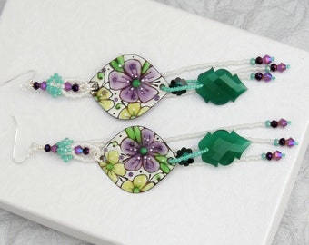 OOAK Flower Power Earrings - 5" Long Boho Earrings - Beaded Artisan Charm Earring - Copper Enamel Earrings - Green White Purple Floral