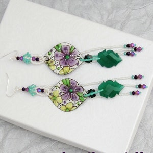 OOAK Flower Power Earrings 5 Long Boho Earrings Beaded Artisan Charm Earring Copper Enamel Earrings Green White Purple Floral image 1