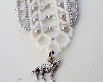 Sterling Silver Wolf Necklace - Beadwork - Adjustable Length - Gray White Silver - Beaded Pendant Necklace - High Quality Gift for Her