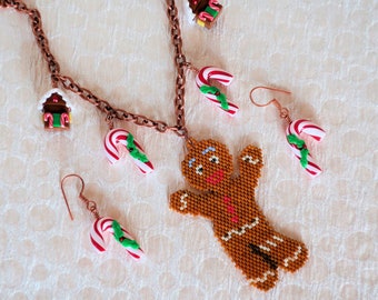 Gingerbread Man Necklace Earring Set - Beaded Christmas Jewelry Set - Candy Canes - Gingerbread House