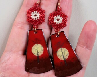 Sunset Earrings - Artisan Charm Earrings - Handmade Earrings - Red and Yellow Earrings - 3 Inch Long Dangle Earring