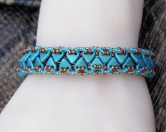 Beadwork Bracelet - 7.25 Inch Copper & Sage Green - Seed Bead Bracelet - Flat Band - Ready to Ship - Everyday Jewelry for Her