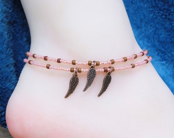 2 Strand Angel Wing Anklet - Anklet for Women - Ankle Bracelet - Peach & Copper Anklet - 9" to 10" Long
