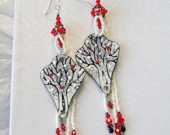 Snowy Trees...4.5" Artisan Earrings - Red Earring - Long Earrings - One of a Kind - Gift for Her - Winter Tree Earrings