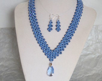 Necklace Earring Set - Blue Pearl Necklace - Special Occasion Jewelry Set - Beadwork Necklace - Dressy - Pearl Beadwork