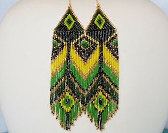 Beaded Feather Earrings - Extra Long Green and Gold Earrings - Fringe Earrings - Seed Bead Earrings