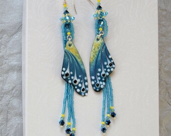 4.5" Butterfly Wing Earrings - Dangle Earrings - Copper Enamel Earring - Long Beaded - Blue & Yellow - OOAK Artisan Jewelry - Handmade