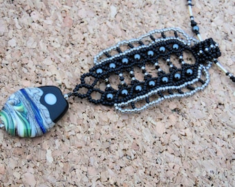 Artisan Lampwork Necklace - Lunar/Full Moon/Half Moon - Beaded Black Necklace - Ready to Ship - 18 Inch Necklace