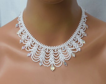 Bridal Statement Necklace Earring Set - OOAK White Wedding Jewelry - Beaded Bridal Jewelry - Bead Woven Bridal Jewelry