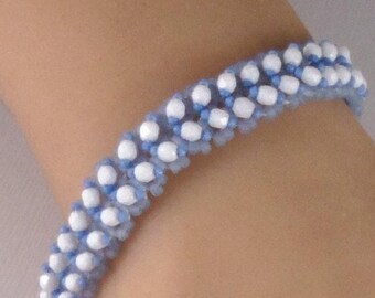 7 Inch Blue & White Bracelet - Seed Bead Crystal Bracelet - Medium Beaded Bracelet - Flat Band Narrow - Baby Blue - Casual Comfortable