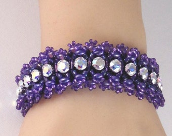 8 3/4" Purple & Crystal Bracelet - Tennis Bracelet Large Size - Beaded - Beadwork - Sterling Clasp - Ready to Ship - Dressy