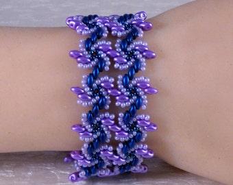 Beaded Cuff - 7.25 Inch Bracelet - Blue & Purple Bracelet - Pinwheel Bracelet - Flat Band - Seed Bead - Handmade Jewelry