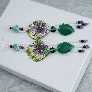 OOAK Flower Power Earrings 5 Long Boho Earrings Beaded Artisan Charm Earring Copper Enamel Earrings Green White Purple Floral image 8