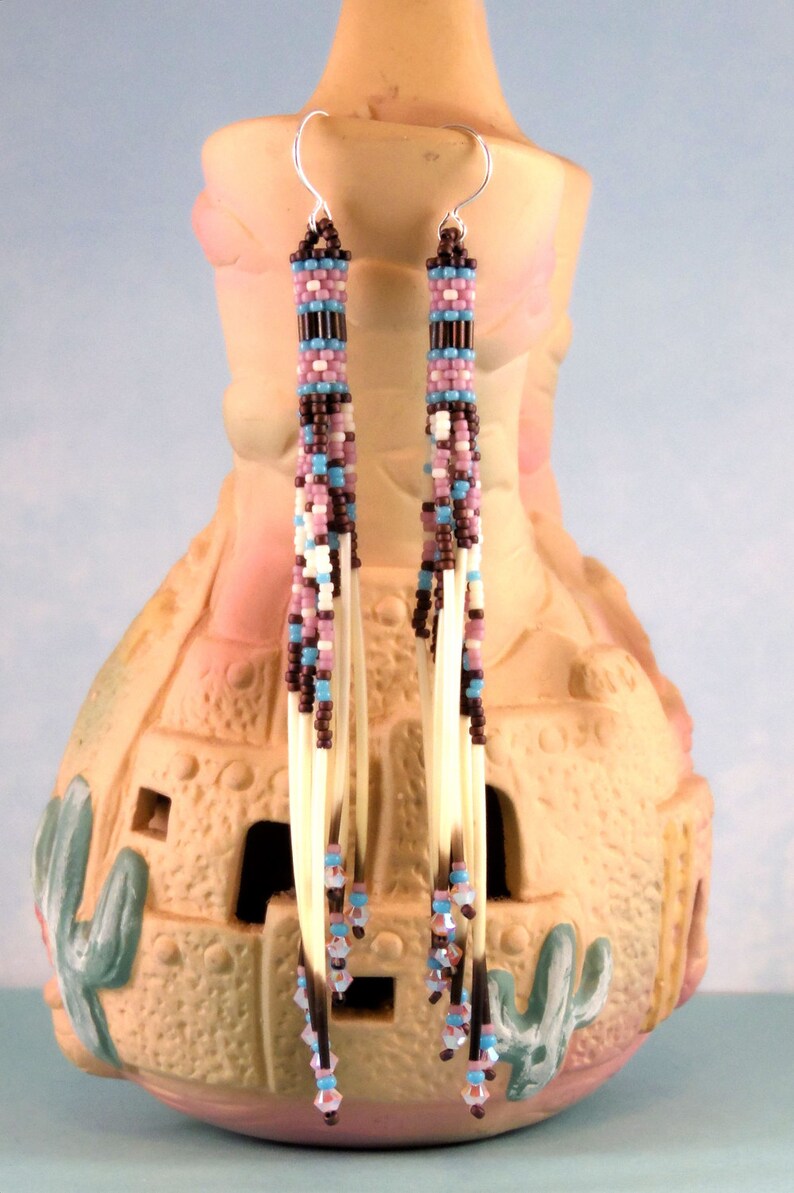 Cascading Mauve and Turquoise Quill Earrings Seed Bead Etsy