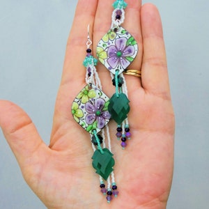 OOAK Flower Power Earrings 5 Long Boho Earrings Beaded Artisan Charm Earring Copper Enamel Earrings Green White Purple Floral image 5