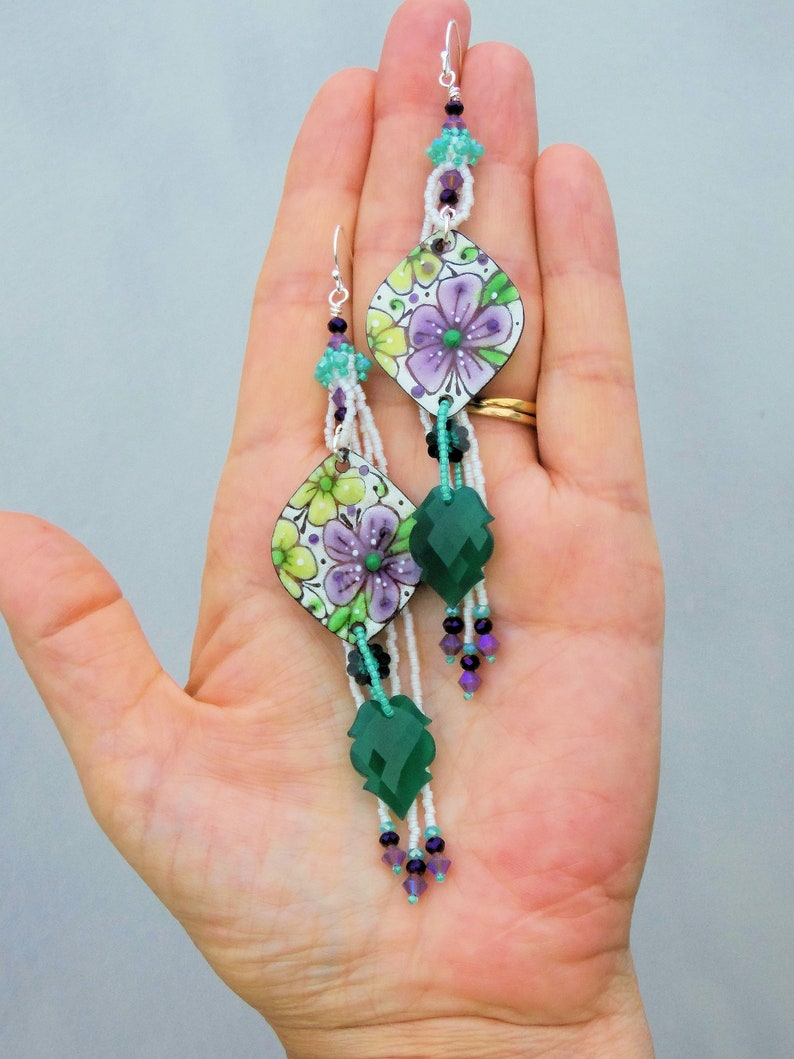 OOAK Flower Power Earrings 5 Long Boho Earrings Beaded Artisan Charm Earring Copper Enamel Earrings Green White Purple Floral image 5